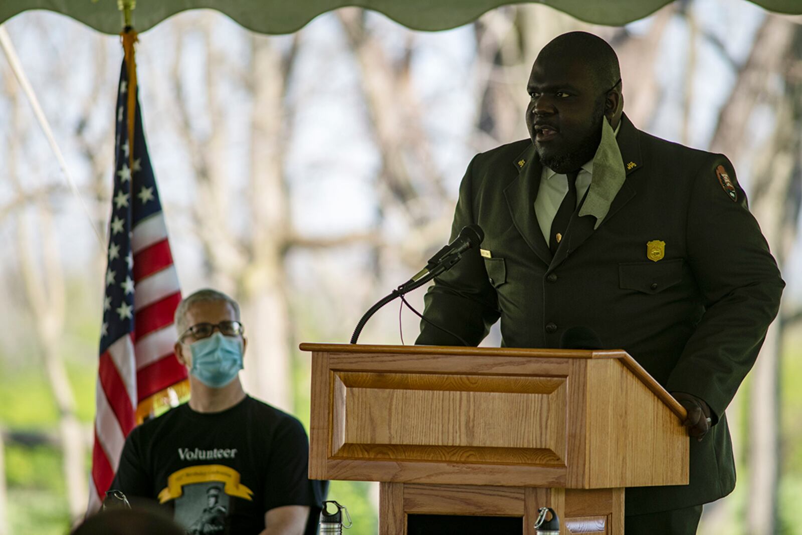 Robert Stewart, National Park Service superintendent, speaks to a group of Air Force Life Cycle Management Center B-2 program office members at the home of U.S. Army Colonel Charles Young, Wilberforce, Ohio. U.S. AIR FORCE PHOTO/TECH. SGT. MATTHEW FREDERICKS