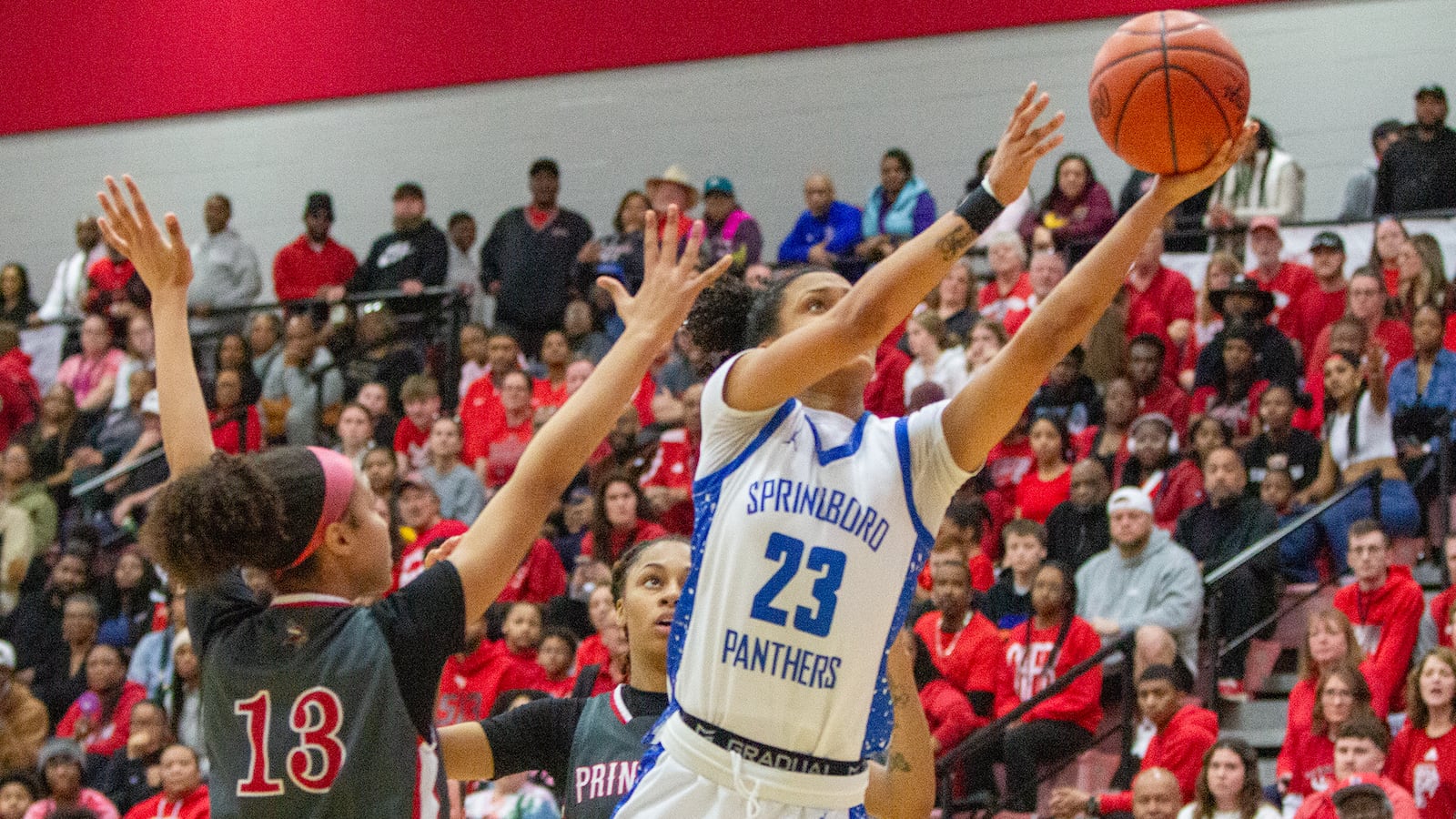 Springboro junior McKenzie Jones scores two of her 16 points during the Panthers' state semifinal loss to Cincinnati Princeton on Sunday at Fairfield High School. Jeff Gilbert/CONTRIBUTED