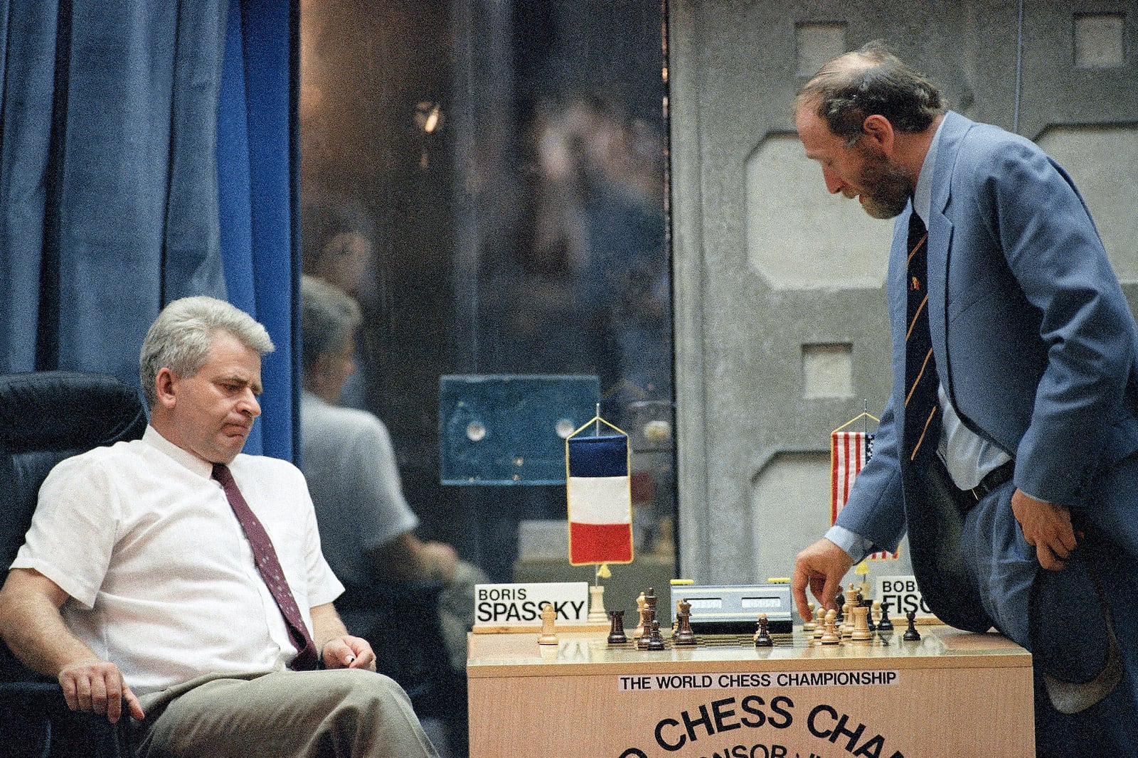 FILE - Boris Spassky, left and Bobby Fischer analyze their match in Sveti Stefan, Yugoslavia, Sunday, Sept. 20, 1992. (AP Photo/Milos Vukadiovic, File)