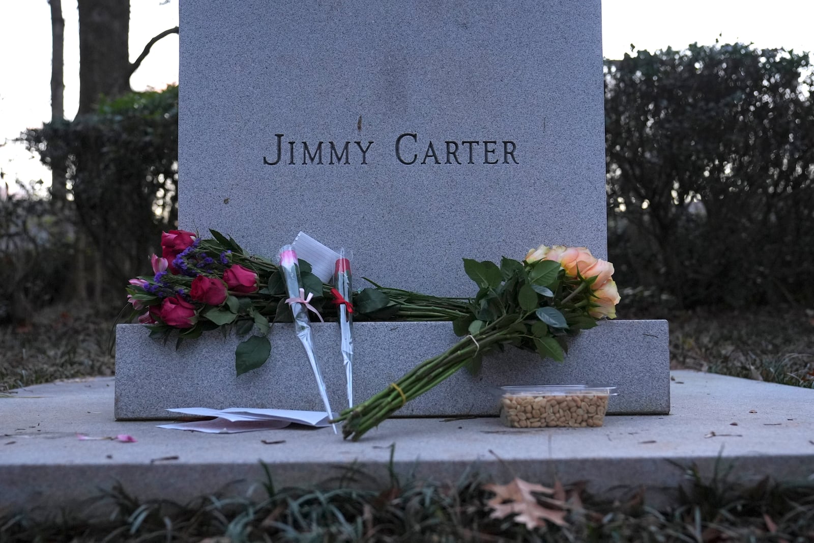 Bouquets of flowers and peanuts are placed at the base of a bust of former President Jimmy Carter at the Jimmy Carter Presidential Library and Museum Sunday, Dec. 29, 2024, in Atlanta. (AP Photo/Brynn Anderson)