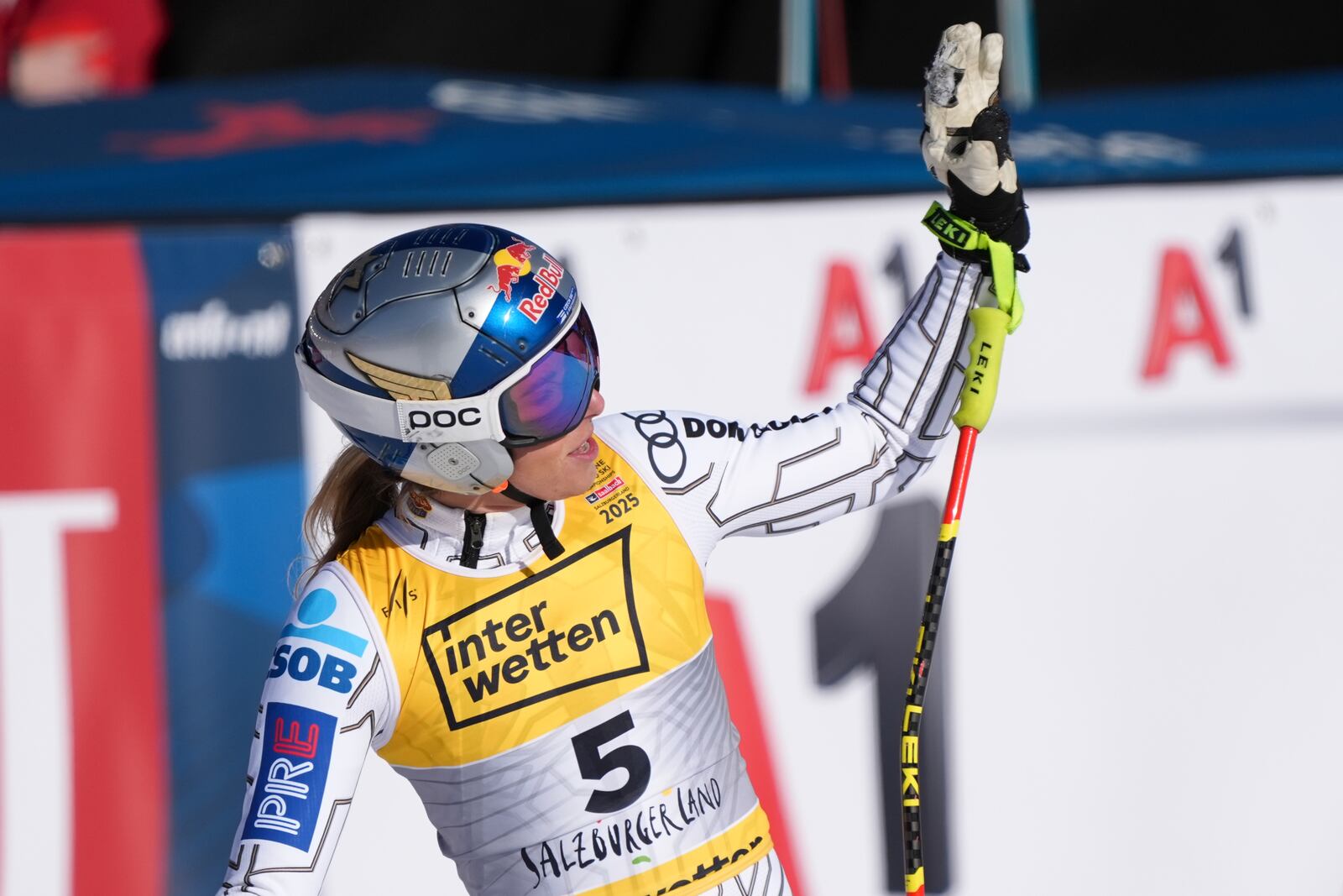 Czech Republic's Ester Ledecka celebrates at the finish area of a women's downhill race, at the Alpine Ski World Championships, in Saalbach-Hinterglemm, Austria, Saturday, Feb. 8, 2025. (AP Photo/Giovanni Auletta)