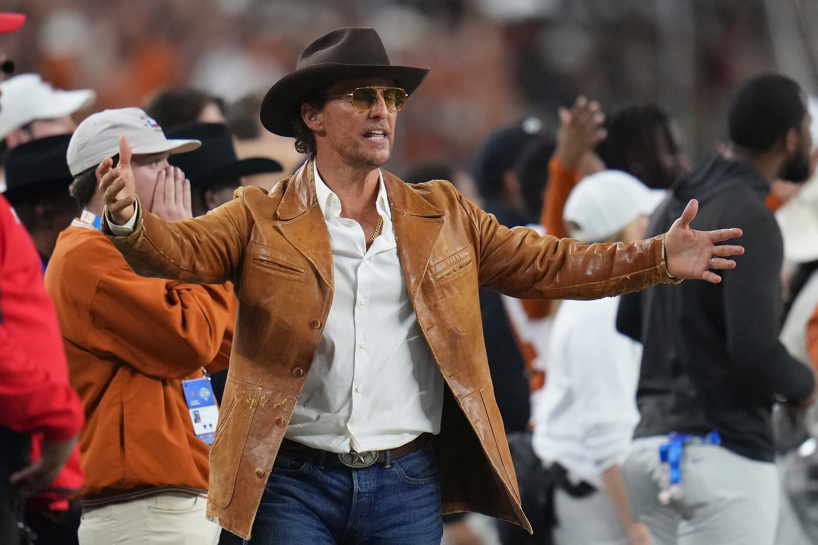 Actor Matthew McConaughey reacts during the second half of the Cotton Bowl College Football Playoff semifinal game between Texas and Ohio State, Friday, Jan. 10, 2025, in Arlington, Texas. (AP Photo/Julio Cortez)