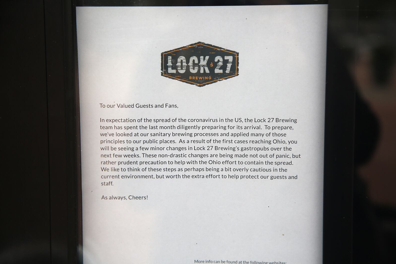  Lock 27 Brewing in downtown Dayton has this notice posted on the front door.