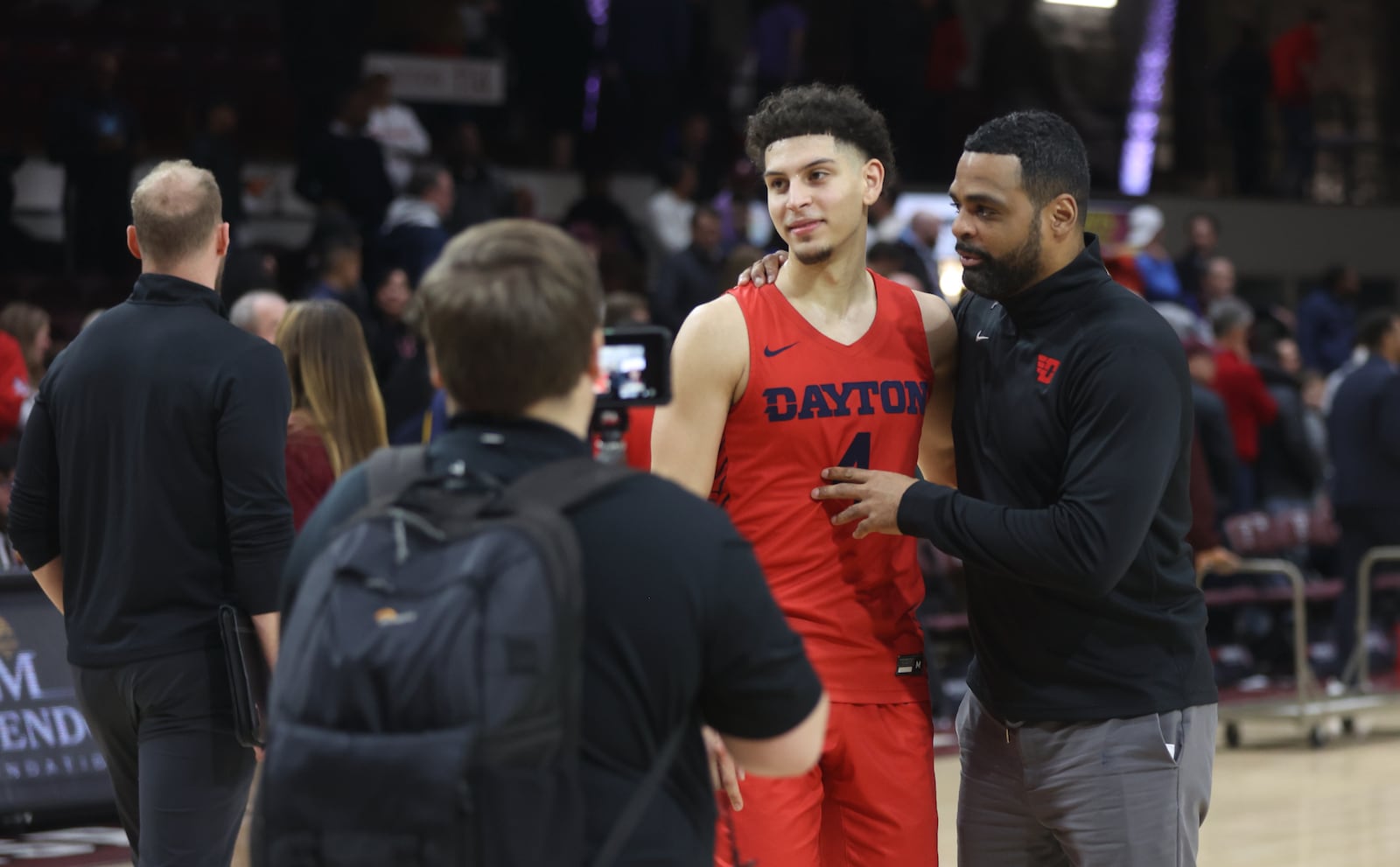 Dayton's Koby Brea talks to Ricardo Greer after a victory against Fordham on Tuesday, Jan. 10, 2023, at Rose Hill Gym in Bronx, N.Y. David Jablonski/Staff