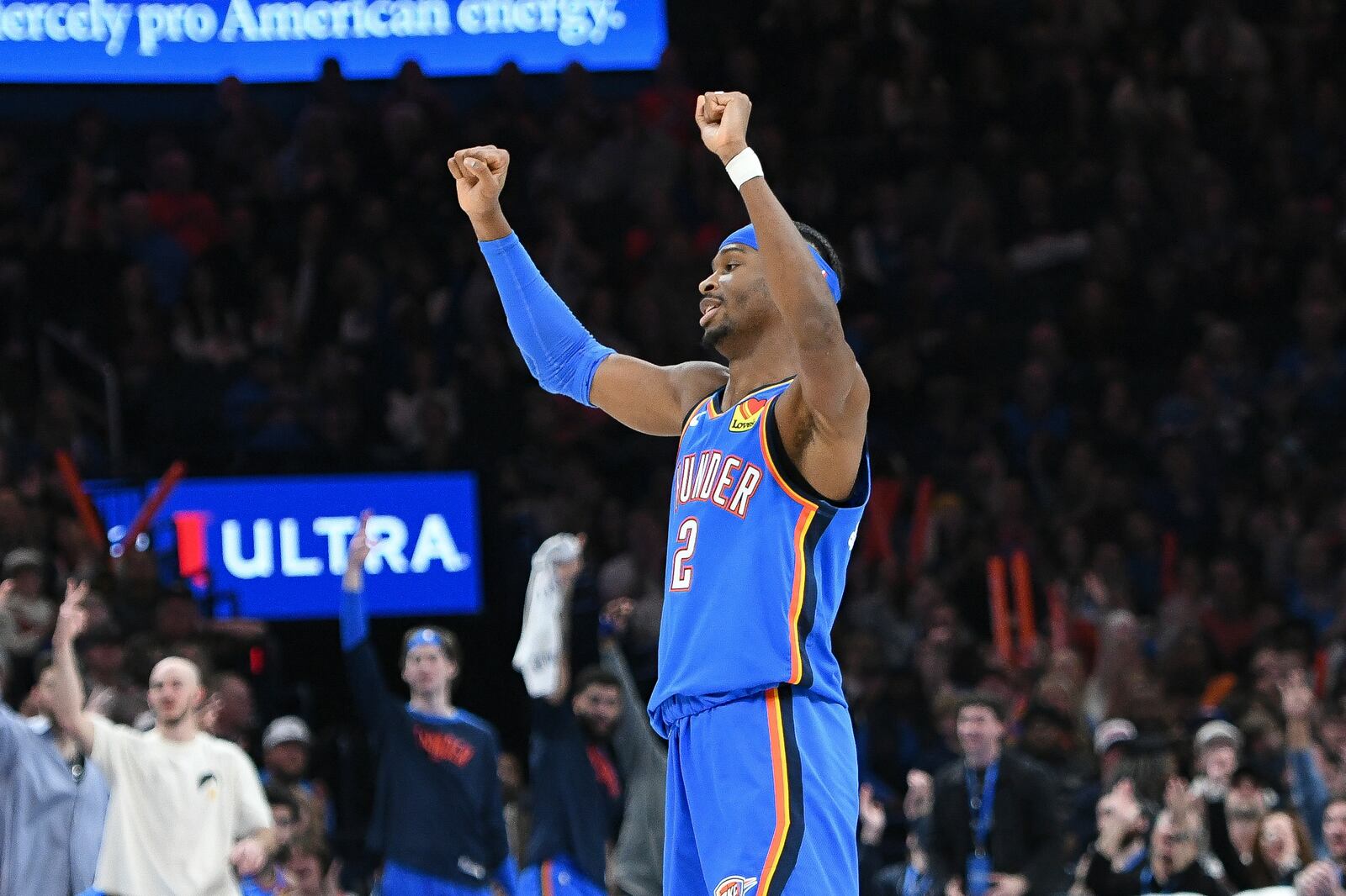 Oklahoma City Thunder guard Shai Gilgeous-Alexander celebrates after a basket during the first half of an NBA basketball game against the Minnesota Timberwolves, Tuesday, Dec. 31, 2024, in Oklahoma City. (AP Photo/Kyle Phillips)