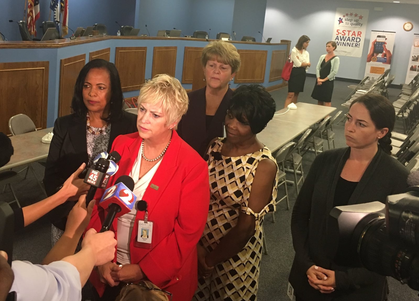 Dayton Public Schools administrators address media questions about their contract dispute with teachers in August 2017. From left are Treasurer Hiwot Abraha, Superintendent Rhonda Corr, Associate Superintendent Elizabeth Lolli, Associate Superintendent Shelia Burton and legal counsel Jyllian Bradshaw. JEREMY P. KELLEY / STAFF