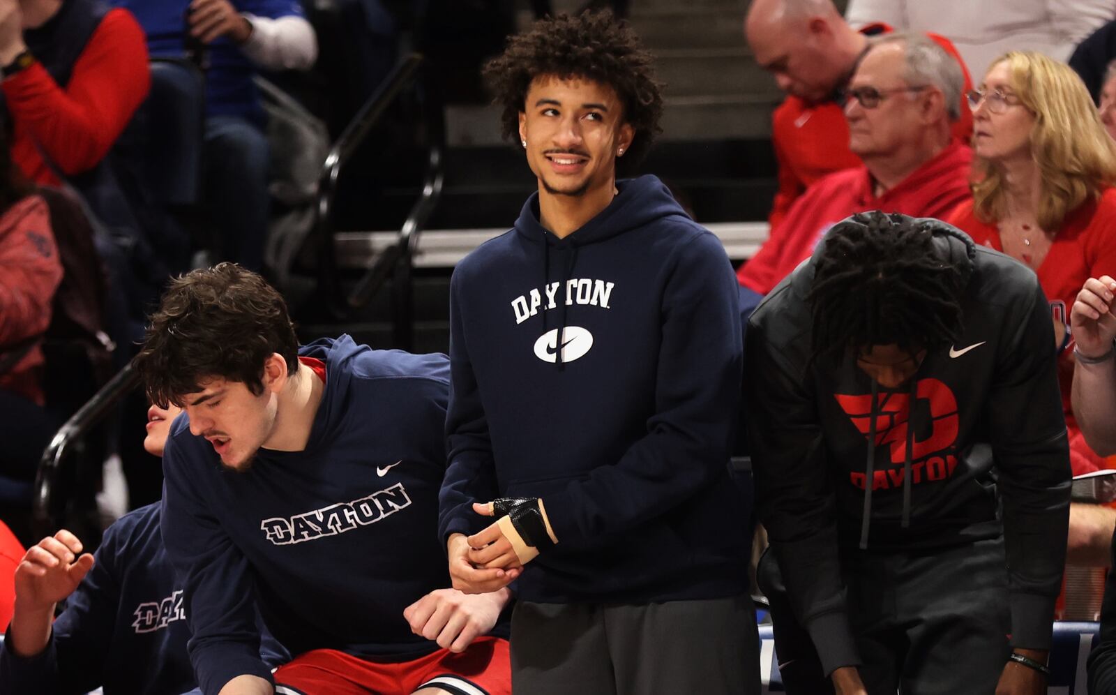 Dayton's Javon Bennett wears a brace on his left hand to protect an injured thumb during a game against Saint Louis on Tuesday, March 5, 2024, at Chaifetz Arena in St. Louis, Mo. David Jablonski/Staff