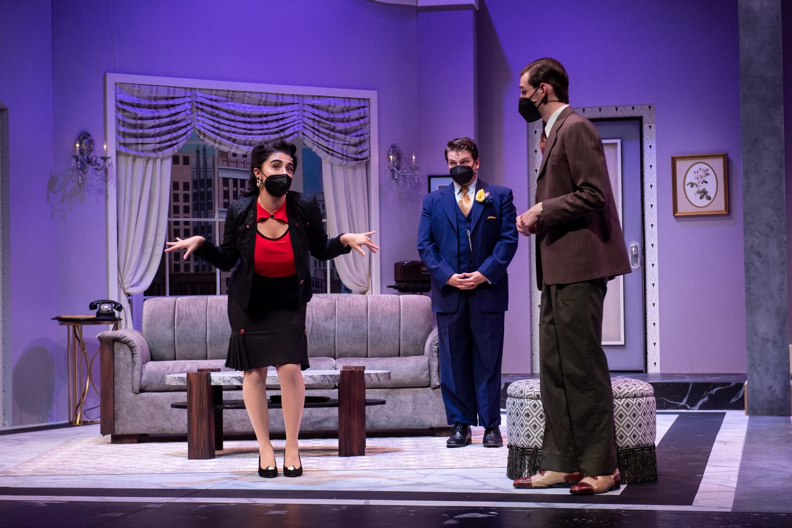 (left to right) Donya Rahimi (Maria), Jacob Jones (Saunders) and Aidan Lord (Max) in Wright State University's production of "Lend Me a Tenor."