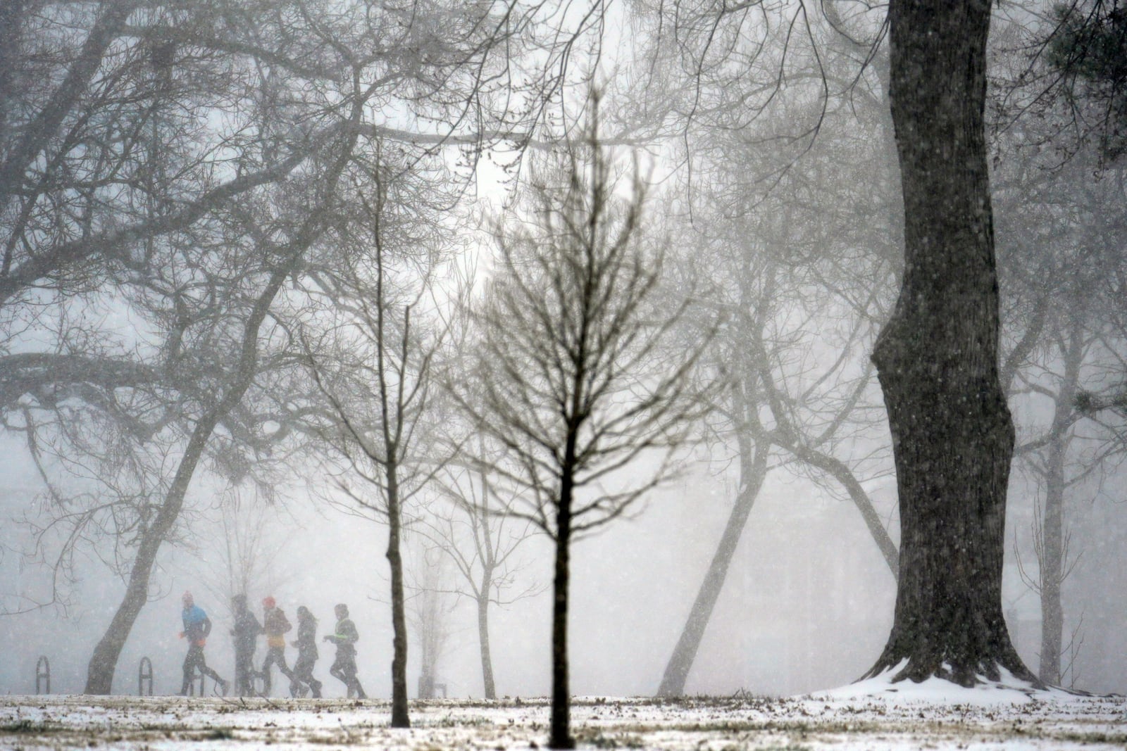 A group of people jog in the distance as heavy snow falls Sunday, Jan. 5, 2025, in St. Louis. (AP Photo/Jeff Roberson)