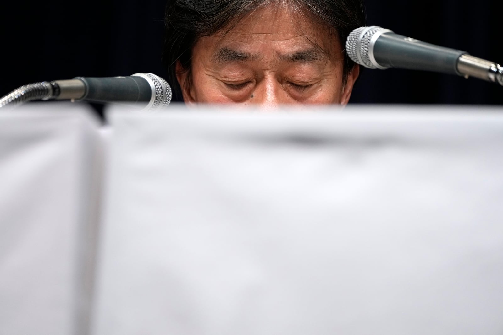 Koichi Minato, President and CEO of Fuji Television Network, answers questions during a press conference at Fuji Television headquarter in Tokyo, Monday, Jan. 27, 2025. (AP Photo/Eugene Hoshiko)