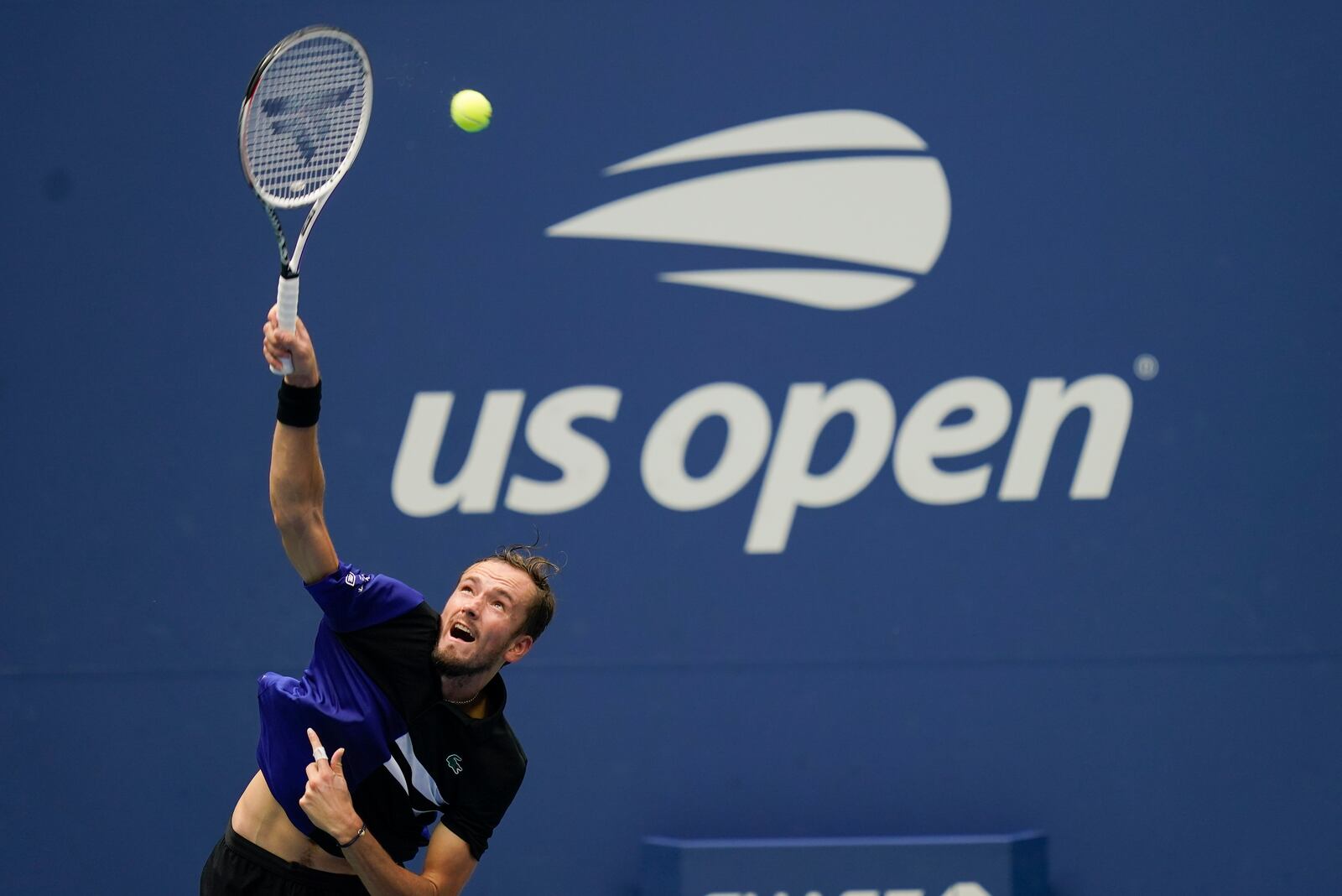 Daniil Medvedev, of Russia, serves to Andrey Rublev, of Russia, during the quarterfinals of the US Open tennis championships, Wednesday, Sept. 9, 2020, in New York. (AP Photo/Seth Wenig)