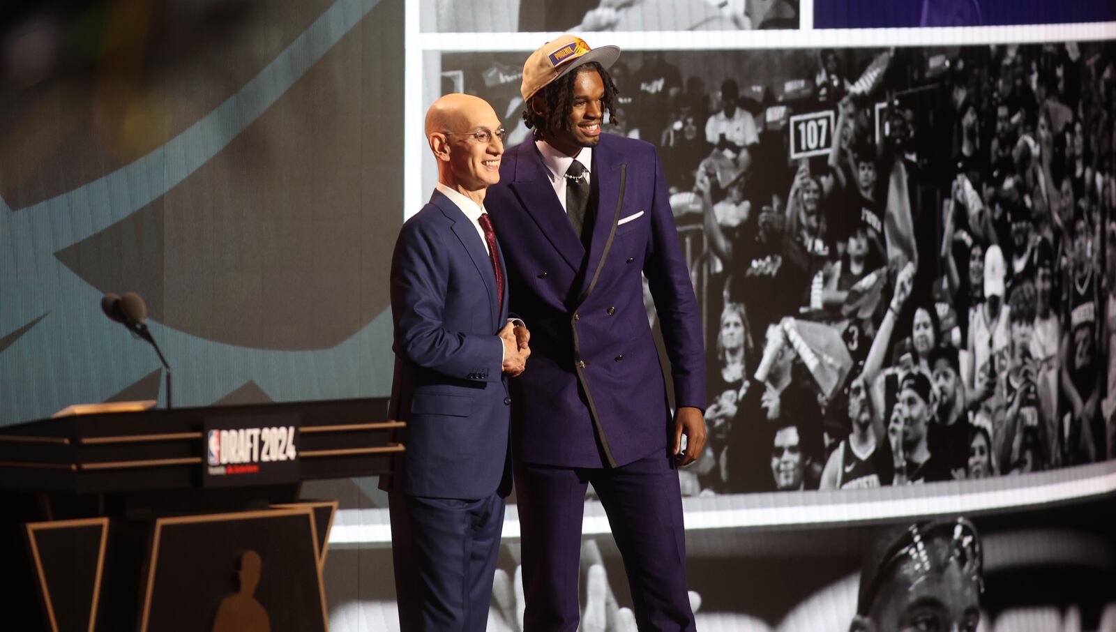 DaRon Holmes II poses for a photo with NBA Commissioner Adam Silver after being selected with the No. 22 pick in the NBA Draft on Wednesday, June 26, 2024, at the Barclays Center in Brooklyn, N.Y. David Jablonski/Staff