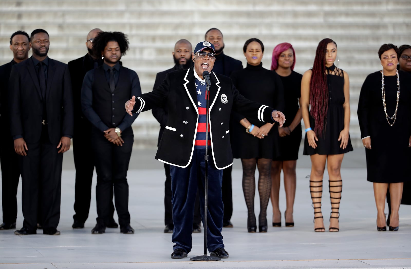 FILE - Singer Sam Moore performs during a pre-Inaugural "Make America Great Again! Welcome Celebration" at the Lincoln Memorial in Washington, Jan. 19, 2017. (AP Photo/David J. Phillip, File)