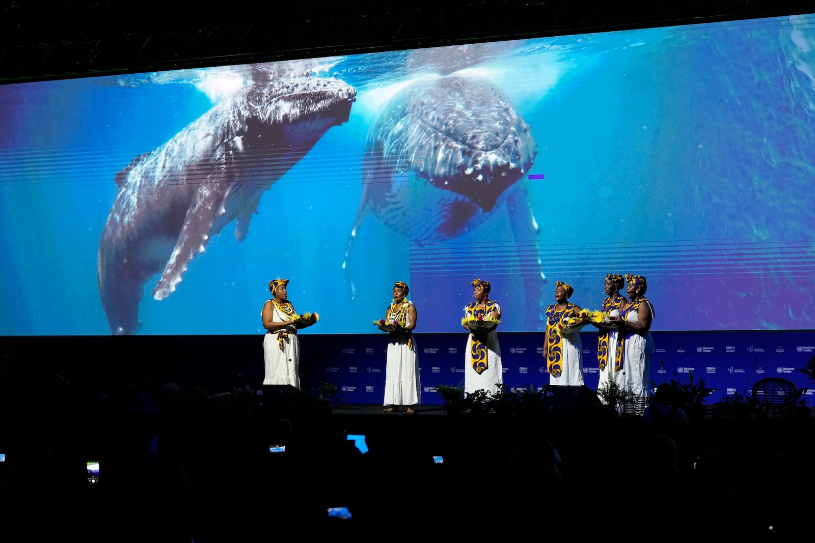 Afro-Colombian women perform during the opening ceremony of COP16, a United Nations' biodiversity conference, in Cali, Colombia, Sunday, Oct. 20, 2024. (AP Photo/Fernando Vergara)