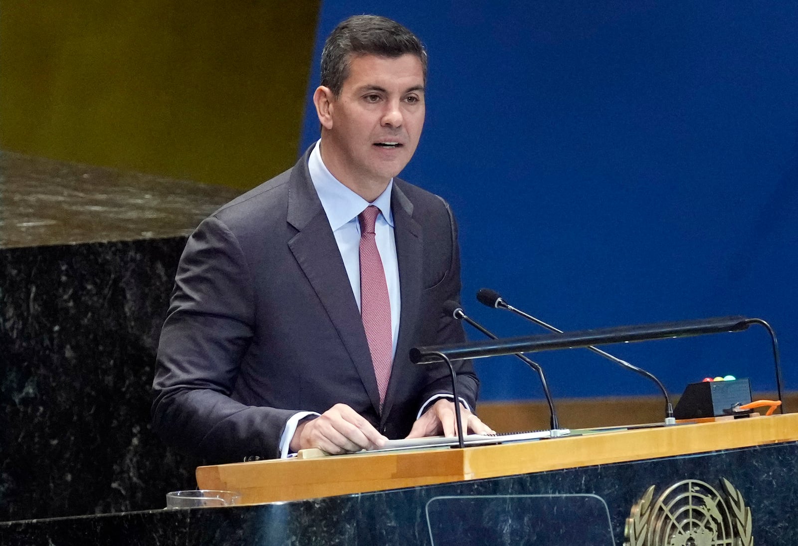 FILE - Paraguay's President Santiago Pena Palacios addresses the the Summit of the Future, in the United Nations General Assembly, Sept. 23, 2024. (AP Photo/Richard Drew, File)