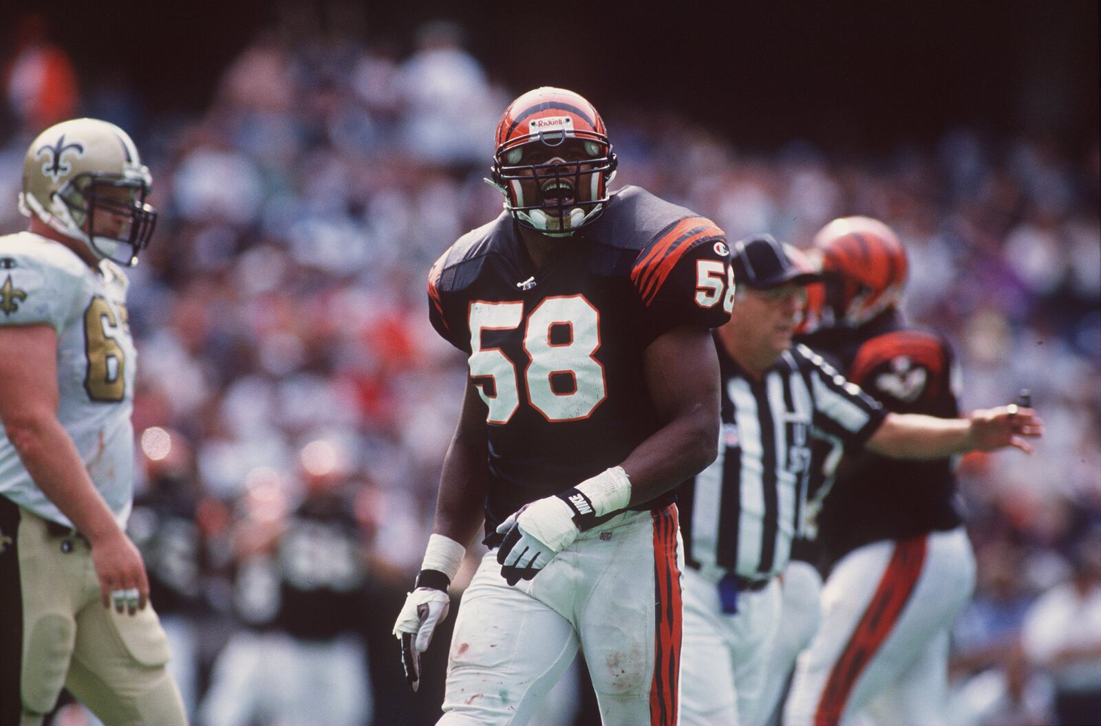 15 Sep 1996:  Linebacker Steve Tovar of the Cincinnati Bengals looks on during the Bengals 30-15 win over the New Orleans Saints at Riverfront Stadium in Cincinnati, Ohio. Mandatory Credit:  Andy Lyons/Allsport