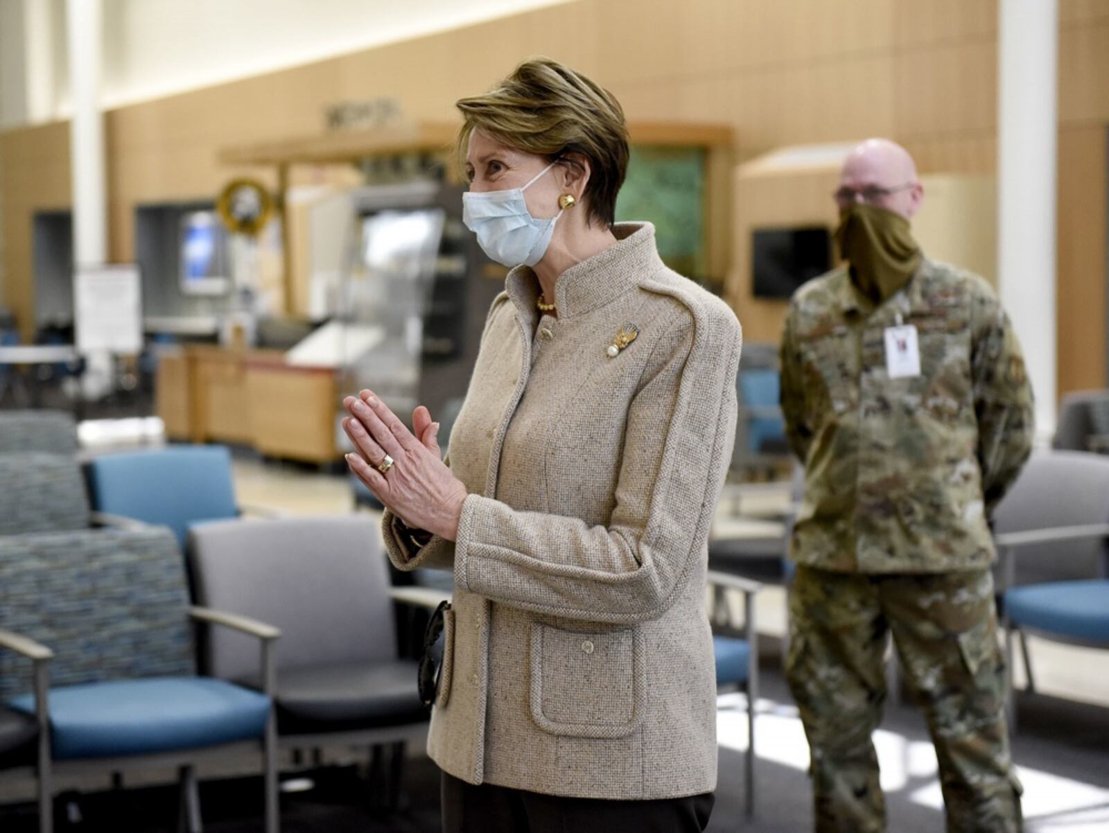 Secretary of the Air Force Barbara Barrett speaks with 88th Medical Group personnel at Wright-Patterson Air Force Base, Ohio, April 21, 2020.