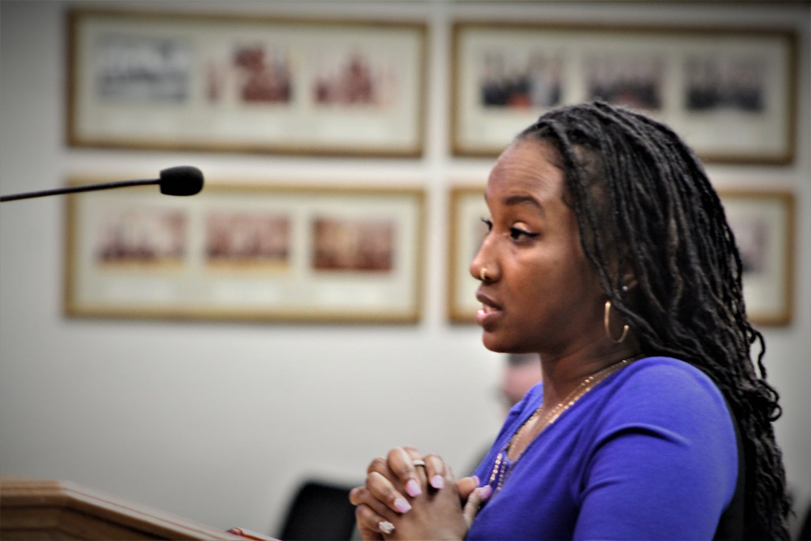 Destiny Brown, a community organizer and a member of the Coalition on Public Protection, speaks during a public hearing about Fusus police technology on Wednesday, Feb. 15, 2023. CORNELIUS FROLIK / STAFF