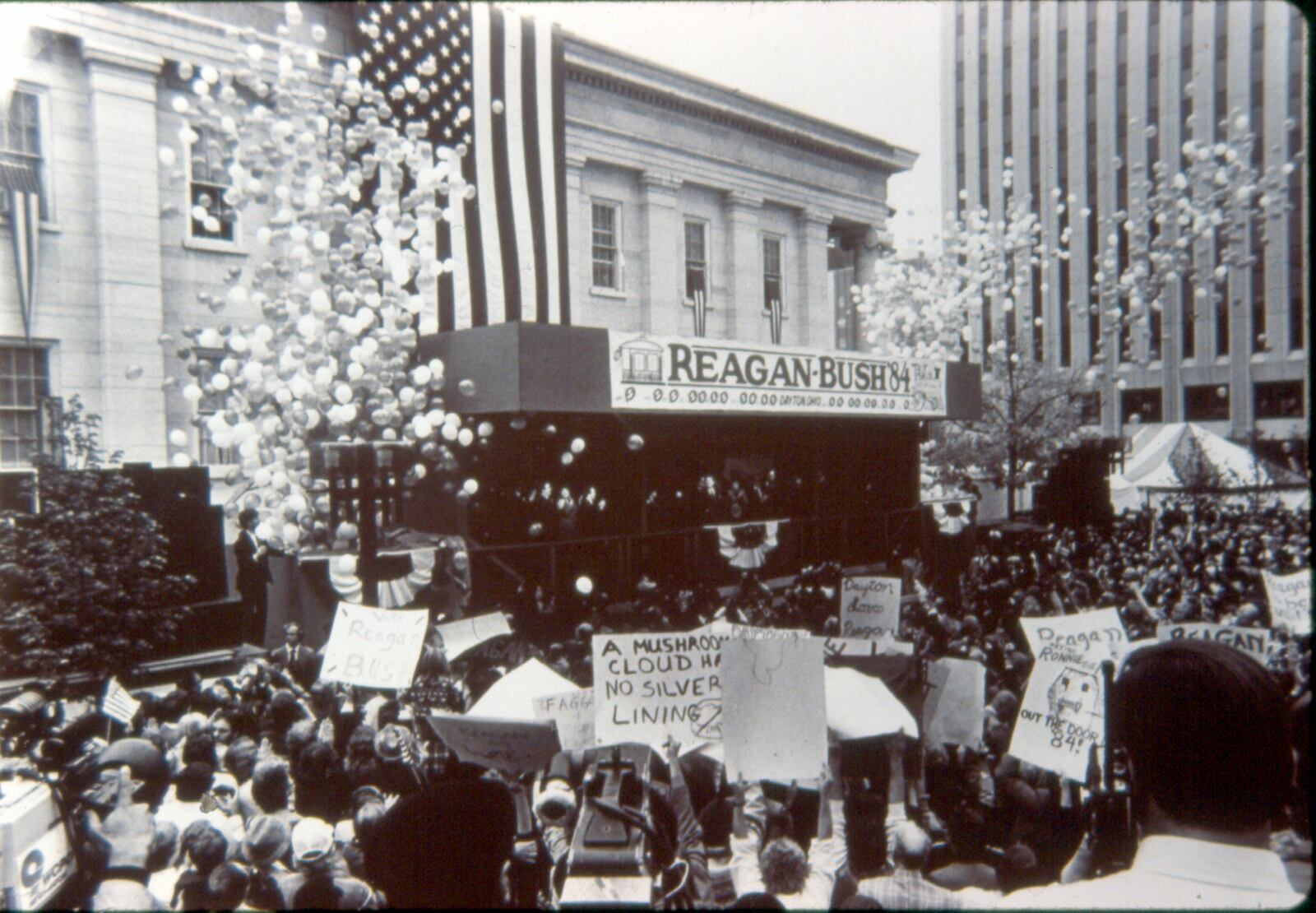 President Ronald Reagan was welcomed at Courthouse Square by newly planted flowers, a large blue and white banner that read "Montgomery County Welcomes President Reagan," and a crowd of people, some who had been waiting since before dawn. DAYTON DAILY NEWS ARCHIVE