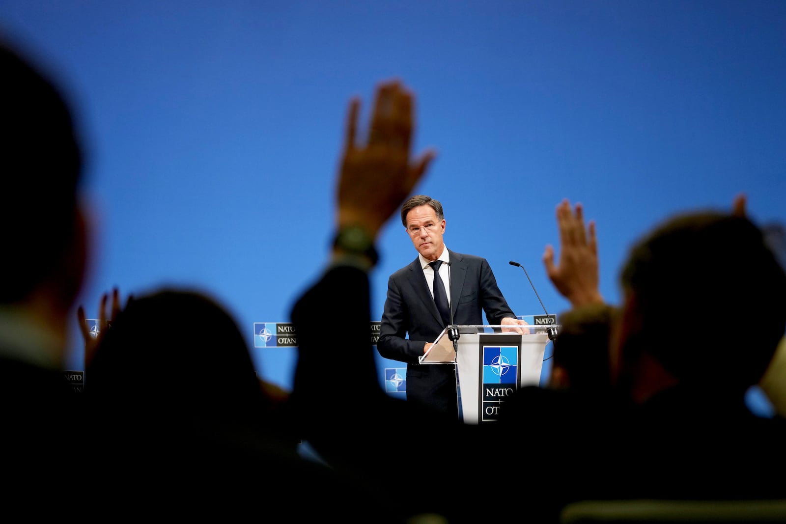 NATO Secretary General Mark Rutte takes questions during a media conference prior to a meeting of NATO foreign ministers at NATO headquarters in Brussels,Tuesday, Dec. 3, 2024. (AP Photo/Virginia Mayo)