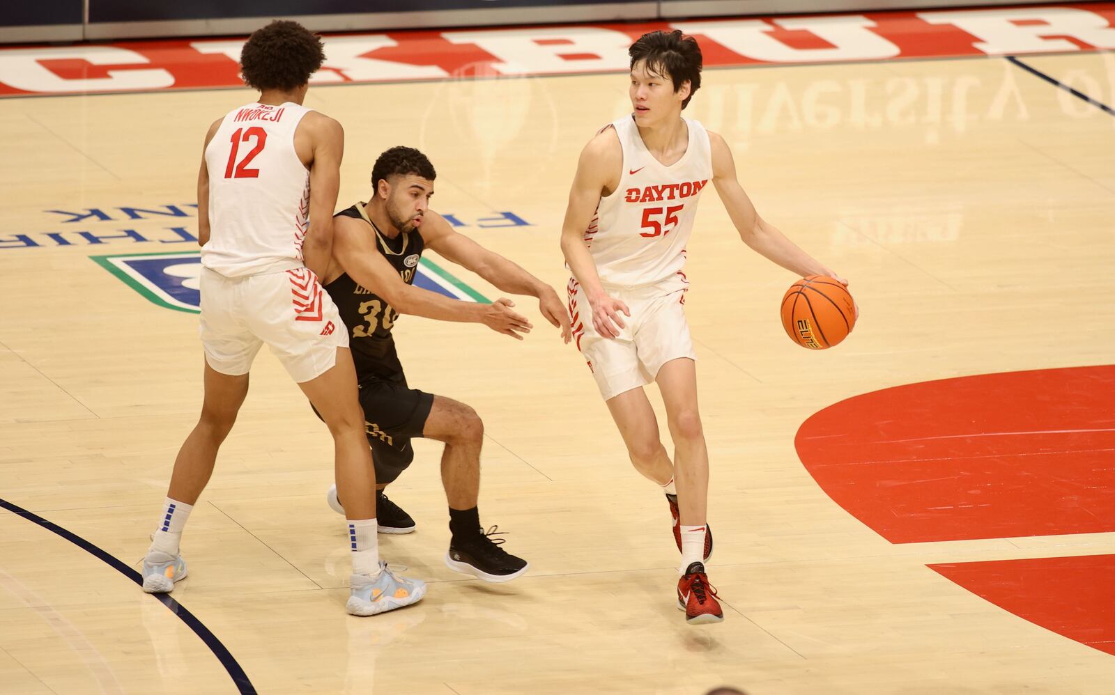 Dayton's Mike Sharavjamts dribbles against Lindenwood on Monday, Nov. 7, 2022, at UD Arena. David Jablonski/Staff