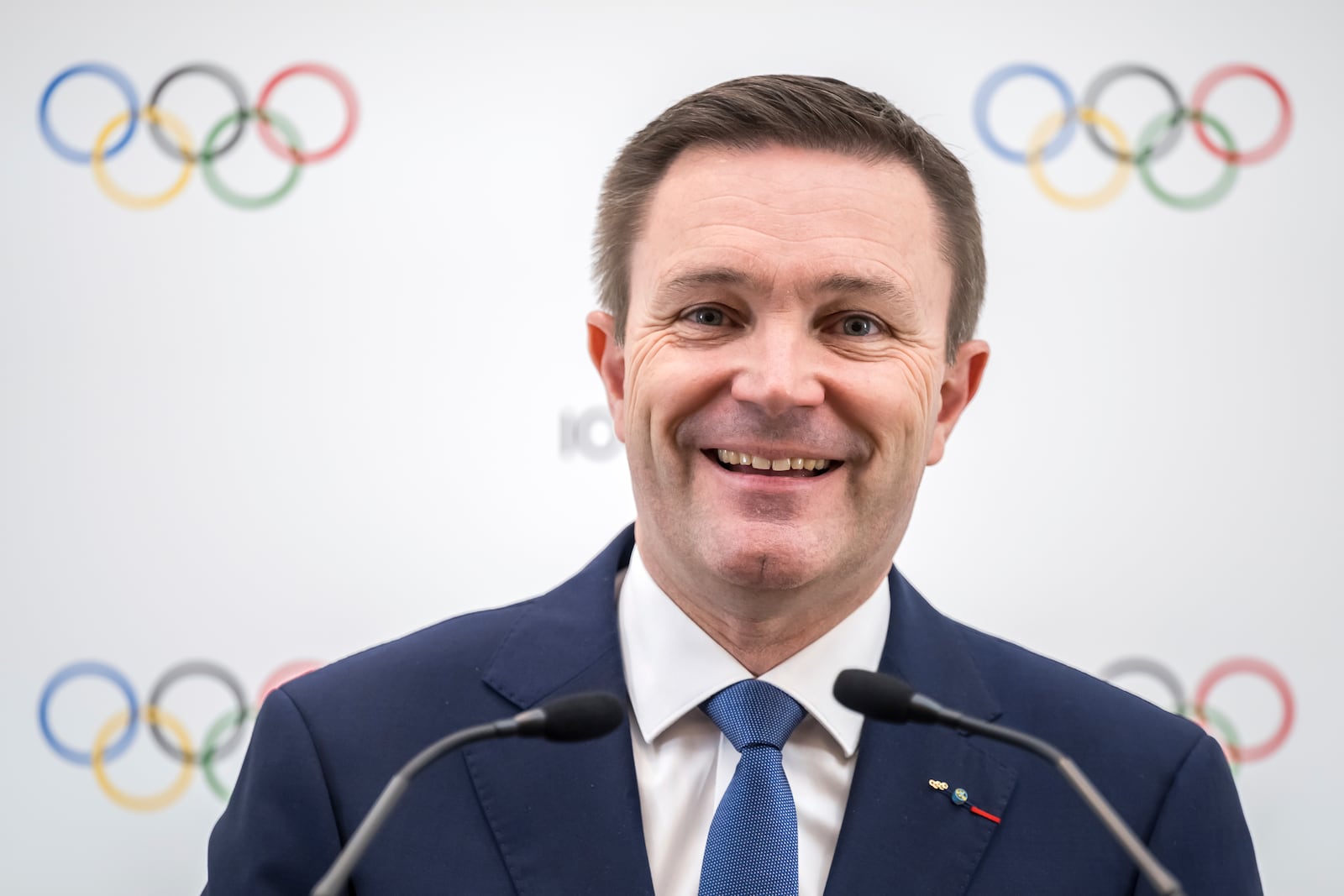 Candidate to the presidency of the International Olympic Committee (IOC) France's David Lappartient speaks during a press conference following a presentation before their fellow IOC members in Lausanne, Switzerland, Thursday, Jan 30, 2025 (Fabrice Coffrini/Pool Photo via AP)