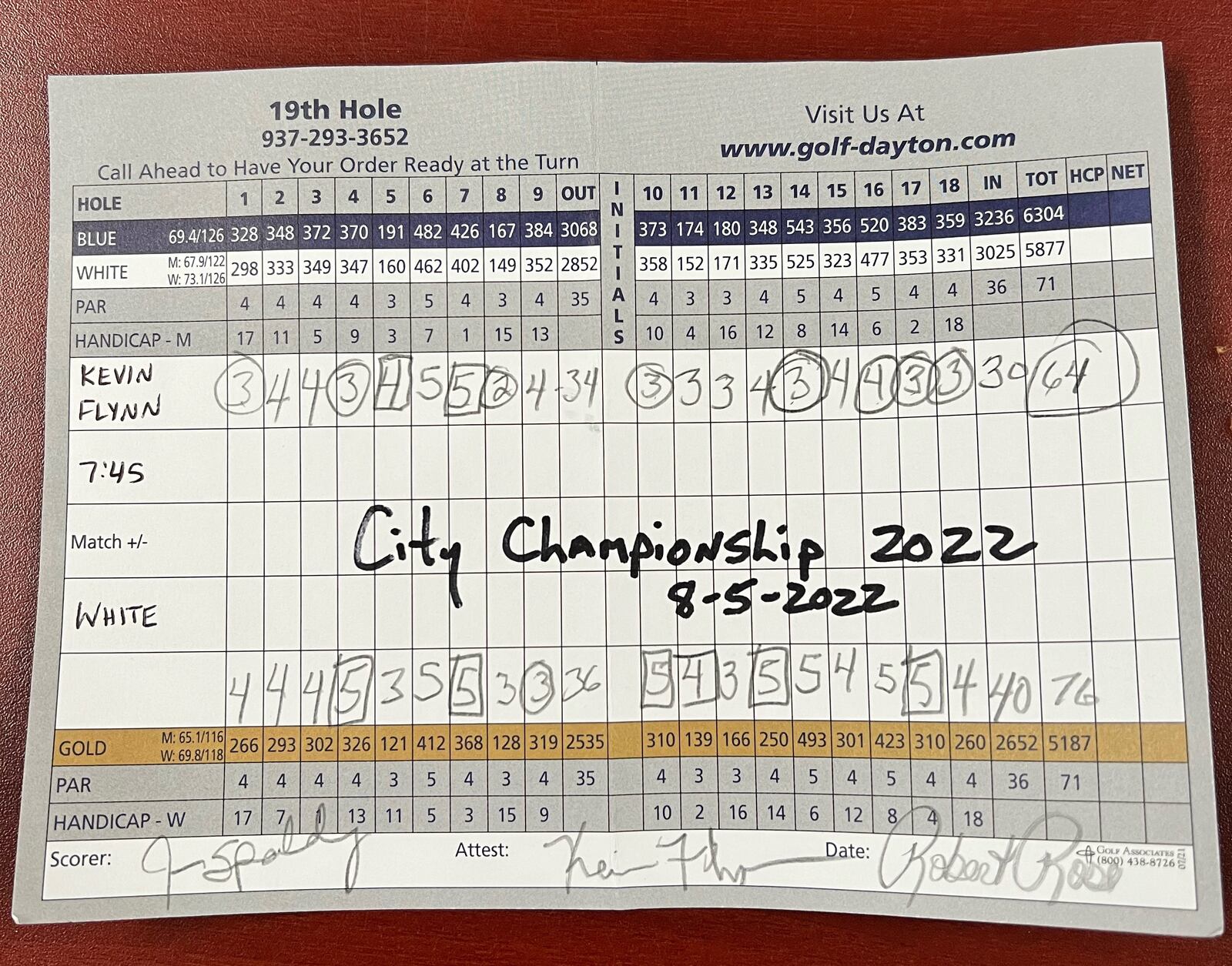 Kevin Flynn's scorecard in the final round of the Dayton Senior Championship in August 2022. Contributed photo