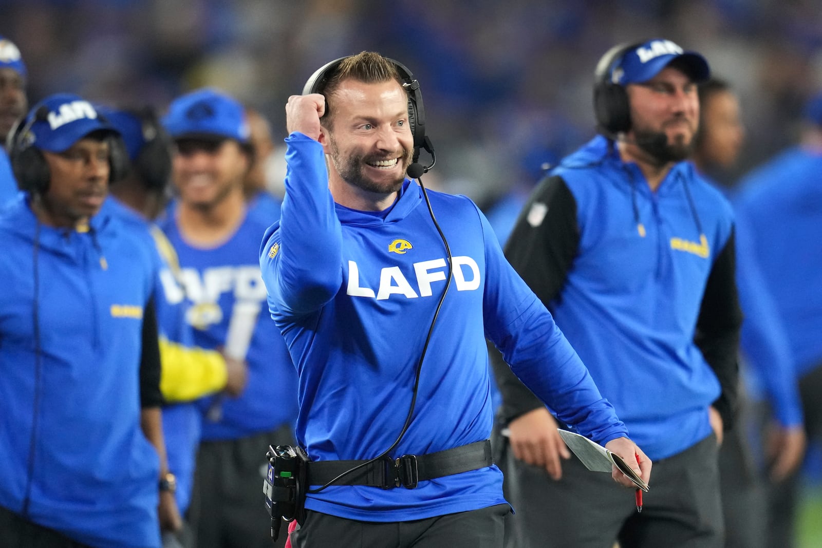 Los Angeles Rams head coach Sean McVay reacts to a Davis Allen touchdown catch against the Minnesota Vikings during the first half of an NFL wild card playoff football game, Monday, Jan. 13, 2025, in Glendale, Ariz. (AP Photo/Ross D. Franklin)