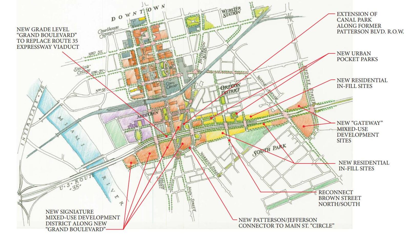 James Paresi, an urban planner and designer, created a proposal for removing US 35 from downtown back in 2011. The concept is to convert US 35 to a boulevard and reconnect the street grid. His calculation for the amount of land this would free for development is around 100 acres. (CONTRIBUTED)