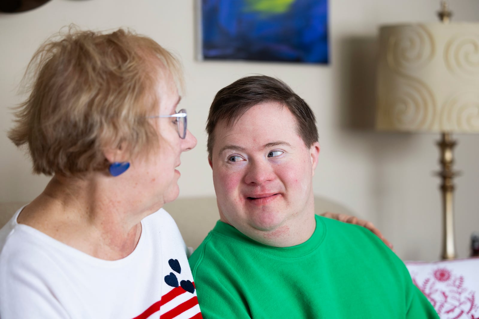 Paul Safarik, 32, chats with his mother, Deb, on Wednesday, Feb. 12, 2025, in Lincoln, Neb. (AP Photo/Rebecca S. Gratz)