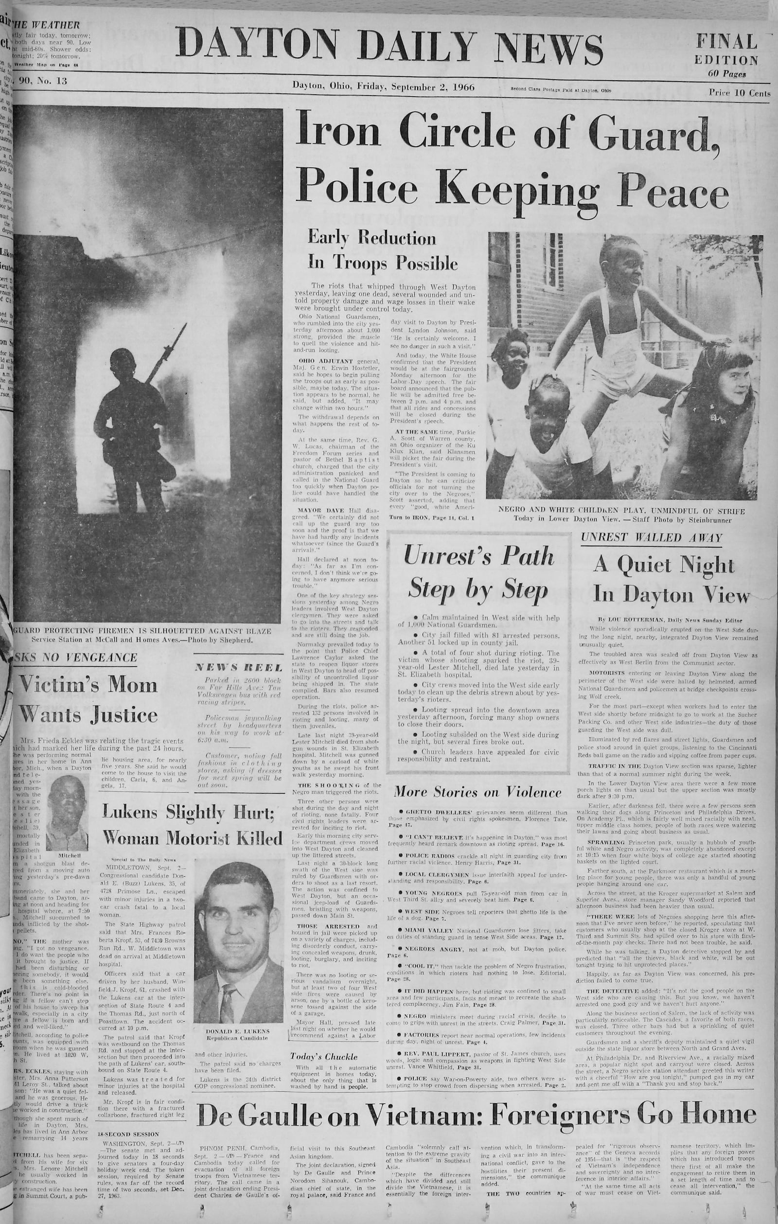 September 2, 1966:  The front page of the Dayton Daily News covering the riots in West Dayton of 1966. VIEW THE FULL-SIZE PAGE: https://www.daytondailynews.com/rw/Pub/p9/DaytonDailyNews/2018/08/14/Images/1966_09_02.jpg