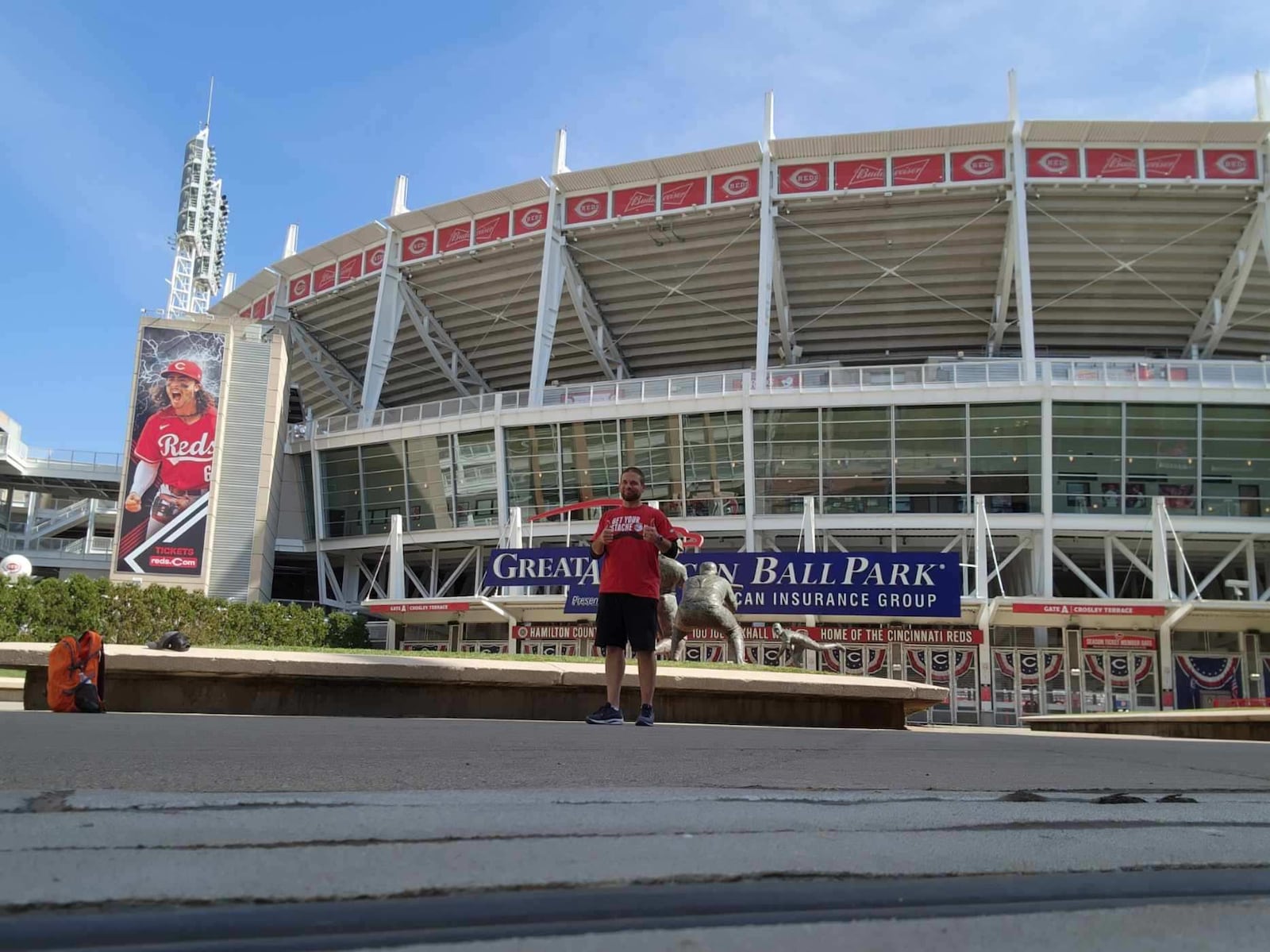 Erik Judd, of Fairfield, is pictured on Tuesday, Oct. 11, 2022, at Great American Ball Park in Cincinnati after walking more than 20 miles from his home in Fairfield to downtown Cincinnati in order to raise money for the Joe Nuxhall Miracle League Fields. It took Judd around 7 hours to make the journey. PROVIDED 