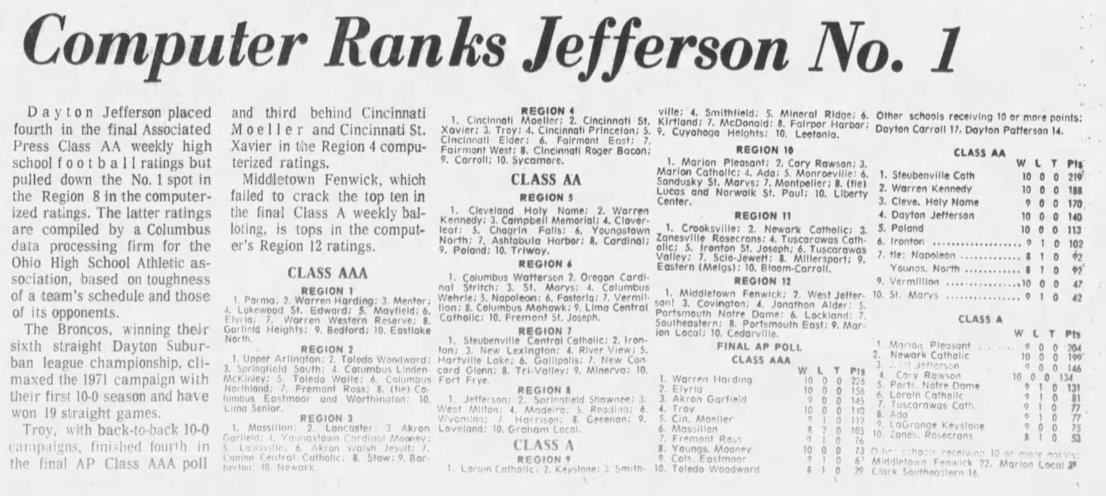 in 1971, the year before post-season play started, the computers ranked Jefferson No. 1. DAYTON DAILY NEWS ARCHIVES