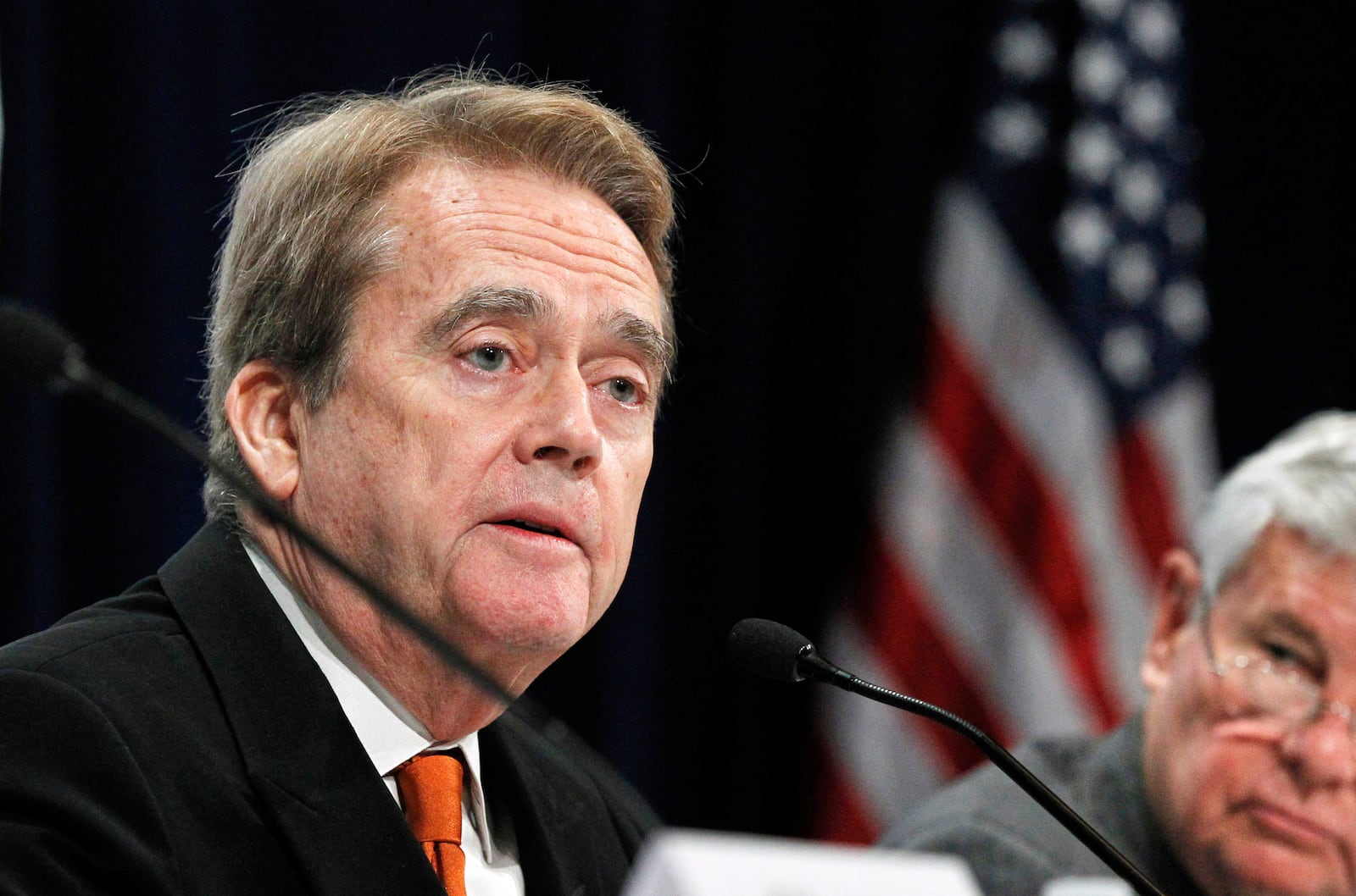 FILE - Oil Spill Commission co-chair William Reilly, speaks at a hearing in Washington, Sept. 27, 2010. (AP Photo/Manuel Balce Ceneta, File)