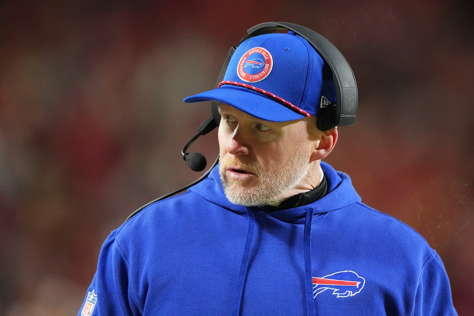 Buffalo Bills head coach Sean McDermott watches from the sidelines during the first half of the AFC Championship NFL football game against the Kansas City Chiefs, Sunday, Jan. 26, 2025, in Kansas City, Mo. (AP Photo/Charlie Riedel)