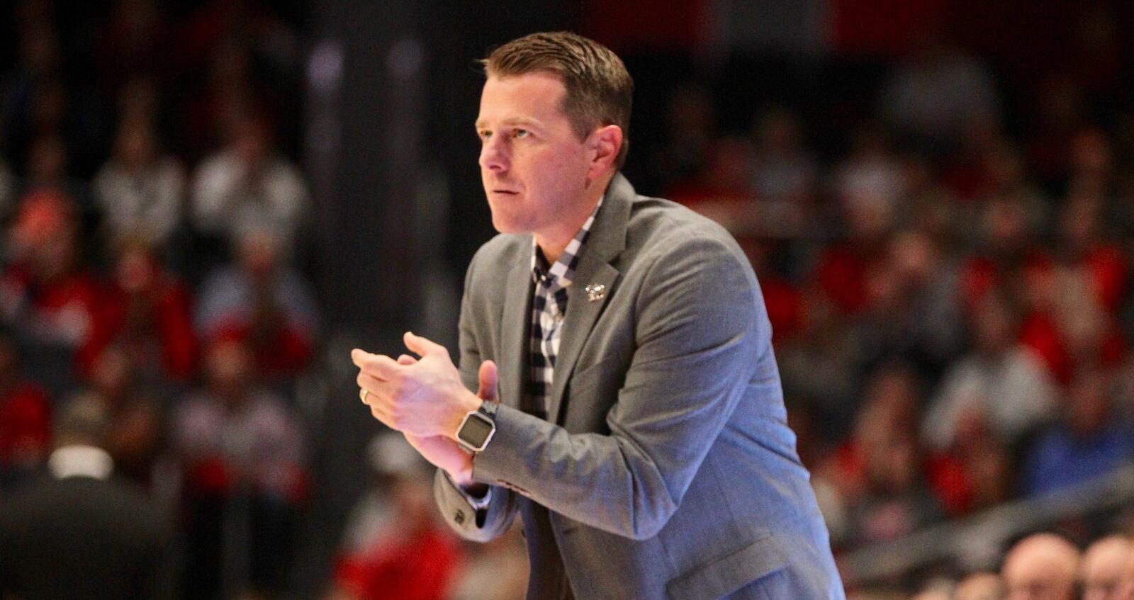 Cedarville’s Pat Estepp coaches during an exhibition game against Dayton on Saturday, Nov. 2, 2019, at UD Arena. David Jablonski/Staff