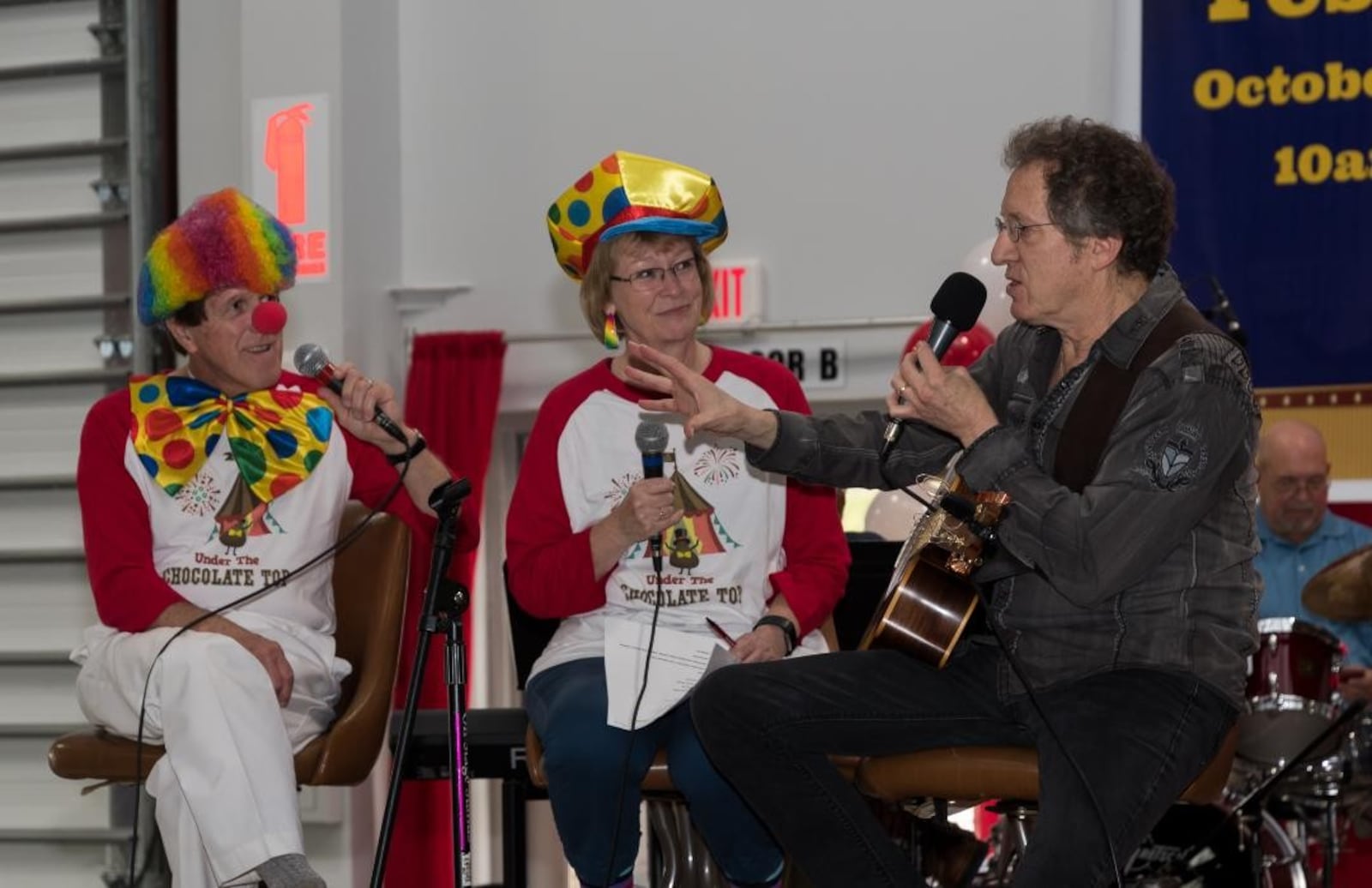 Randy Stonehill guests at the Chocolate Festival with "Kaleidoscope" hosts Bill Nance and Melody Morris dressed as clowns for the festival’s circus theme. CONTRIBUTED