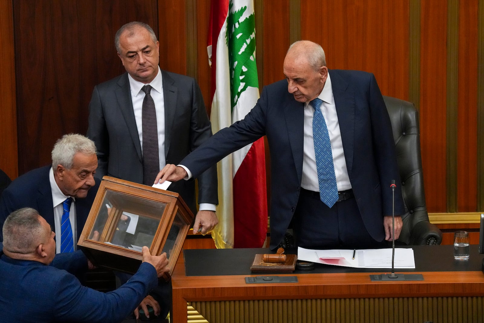 Lebanese Parliament Speaker Nabih Berri, right, casts his vote to elect a new president, at the parliament building in downtown Beirut, Lebanon, Thursday, Jan. 9, 2025. (Lebanese Parliament media office via AP)