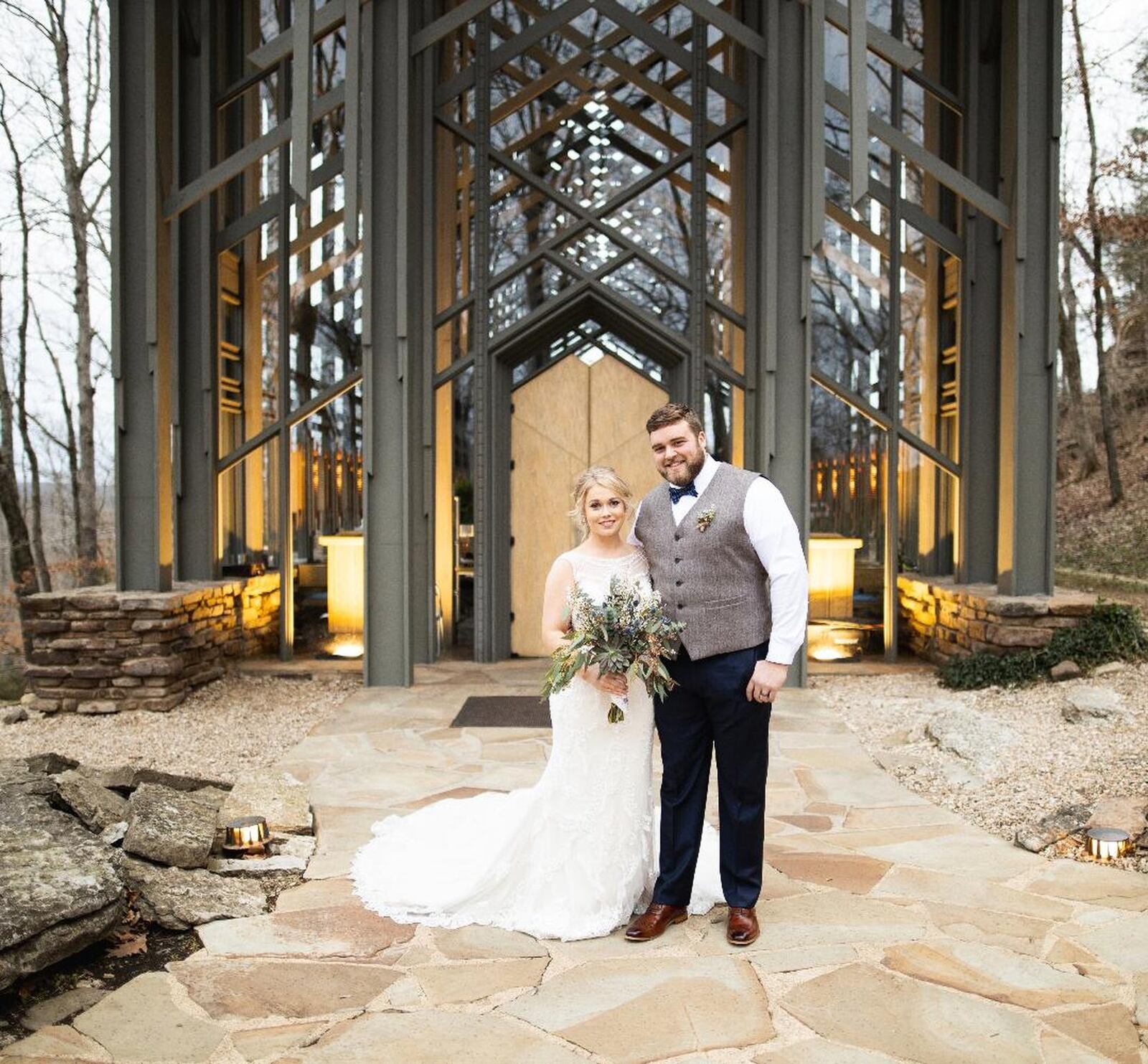 Wes and Bailey Martin at their March 13 wedding at the famed Thorncrown Chapel outside Eureka Springs, Arkansas in the Ozark Mountains. The chapel, which recalls the Prairie School architecture popularized by Frank Lloyd Wright, has been named one of the 12 Most Beautiful Churches in America and one of the 50 Most Extraordinary Churches in the World. CONTRIBUTED