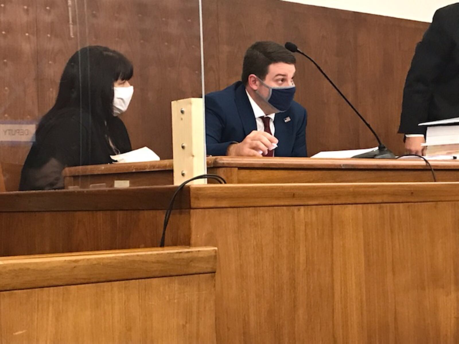 Valerie Rider (left) during the first day of her trial, along with Defense Attorney Gregory Harvey and Prosecuting Attorney Kevin Talebi.