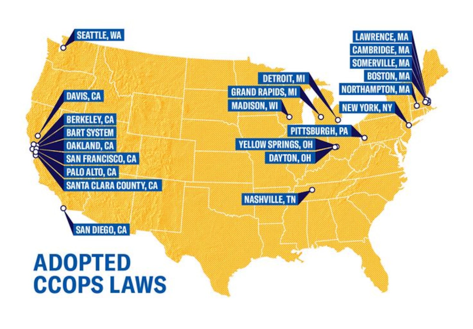 A map showing the U.S. cities with Community Control Over Police Surveillance ordinances and policies. Dayton, Yellowsprings and 20 other communities have laws that require police to share information about proposed police surveillance technology before adopting or using the equipment or systems. CONTRIBUTED