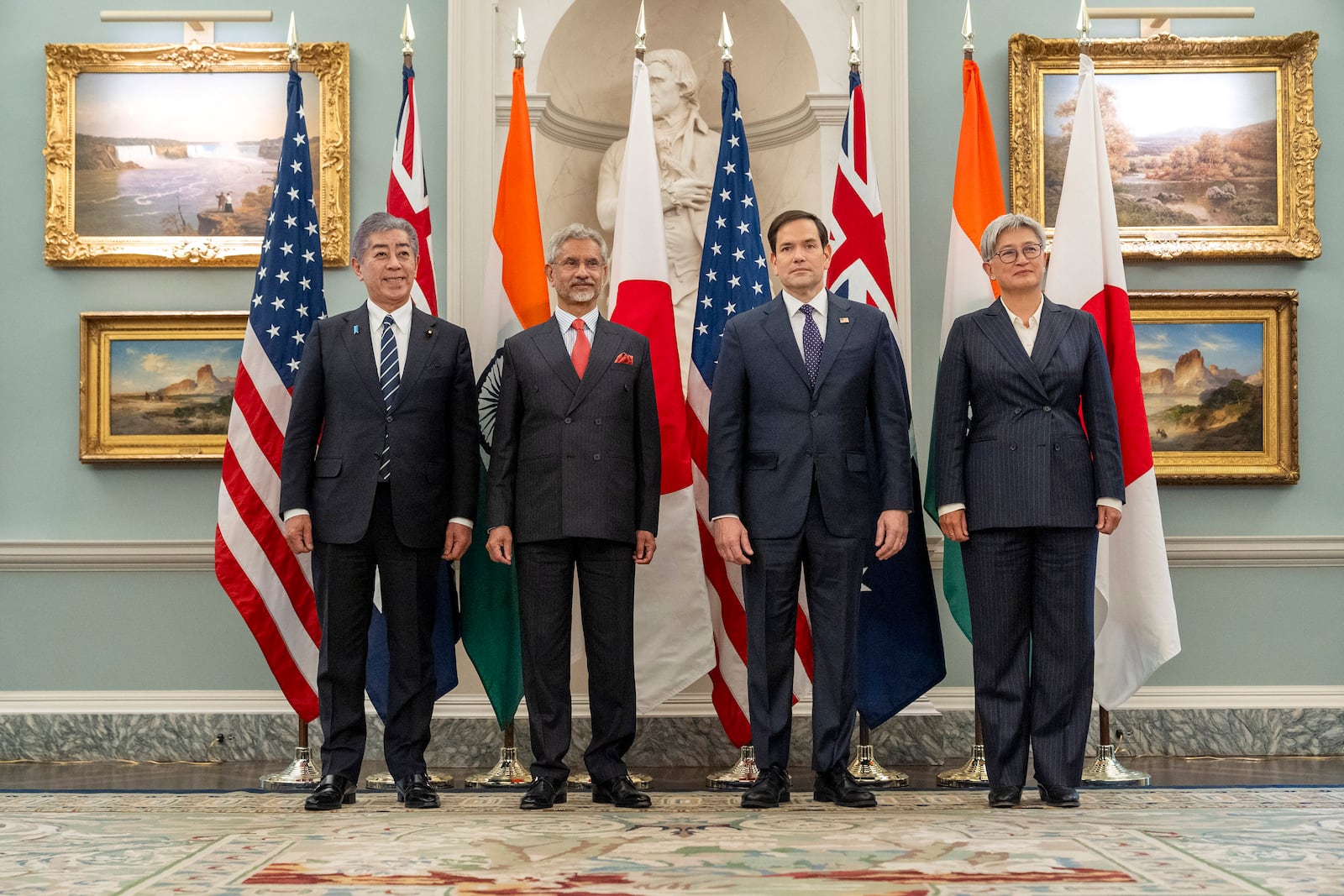 FILE - Japan's Foreign Minister Iwaya Takeshi, India's External Affairs Minister Subrahmanyam Jaishankar, Secretary of State Marco Rubio and Australia's Foreign Minister Penny Wong pose for a photograph before meeting at the State Department, Jan. 21, 2025, in Washington. (AP Photo/Jacquelyn Martin, File)