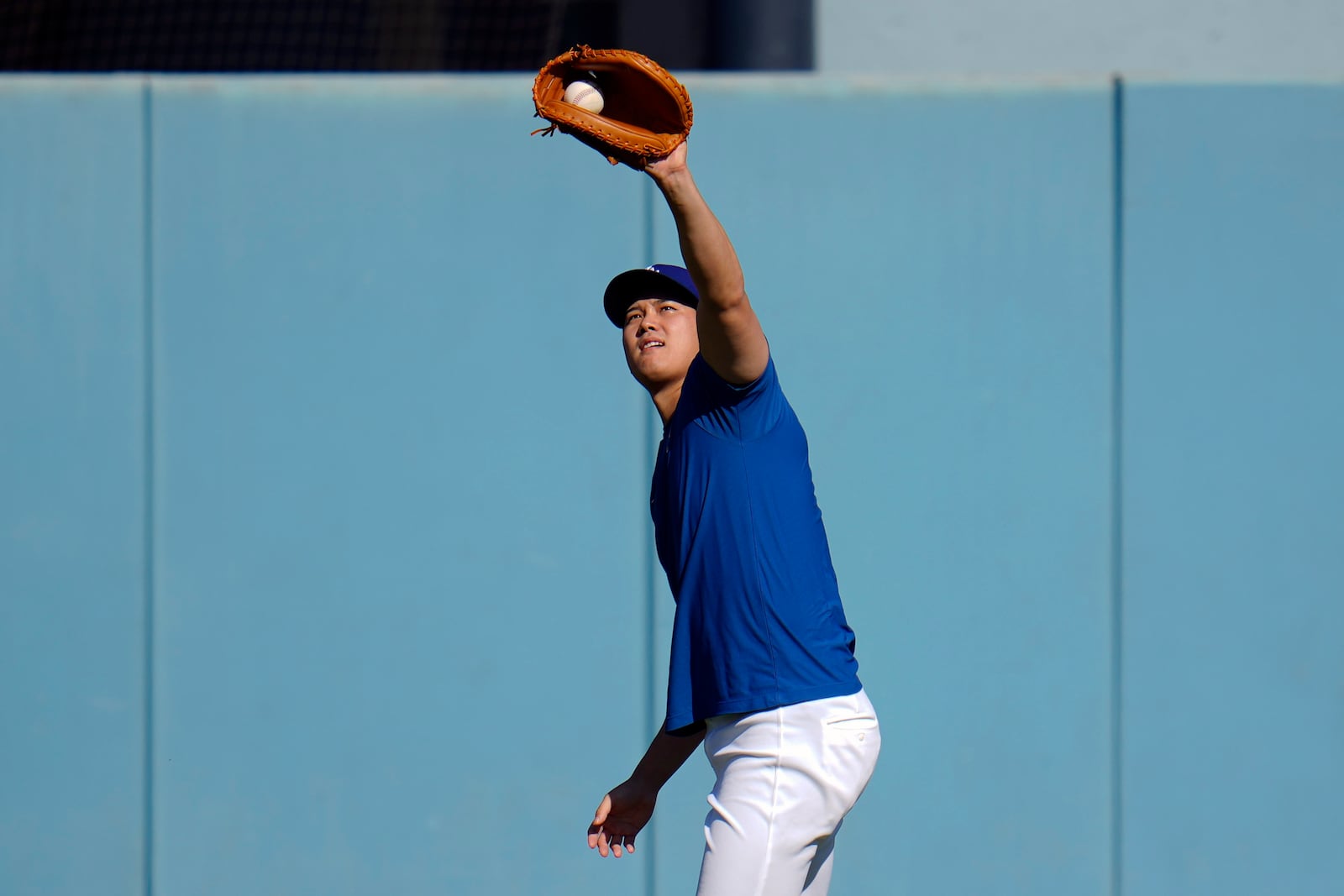 Los Angeles Dodgers Shohei Ohtani catches a fly ball during batting practice before Game 1 of the baseball World Series, Friday, Oct. 25, 2024, in Los Angeles. (AP Photo/Julio Cortez)