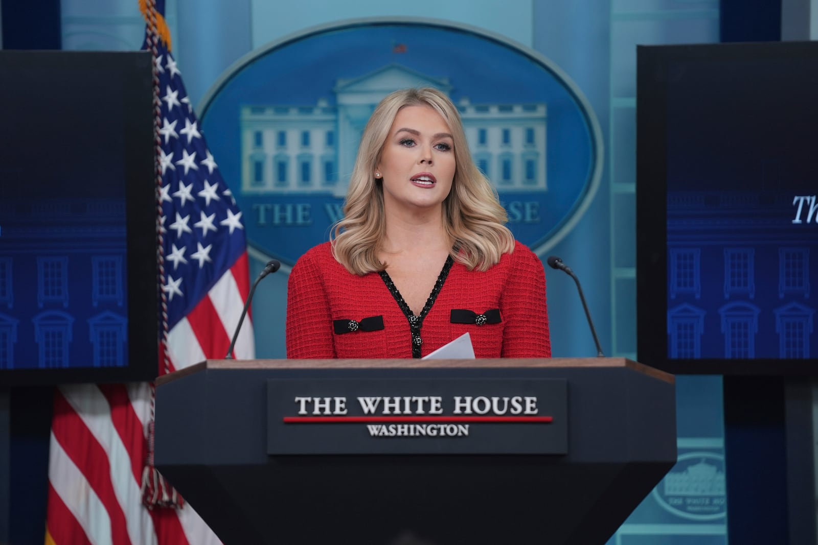 White House press secretary Karoline Leavitt speaks during a press briefing at the White House, Friday, Jan. 31, 2025, in Washington. (AP Photo/Evan Vucci)