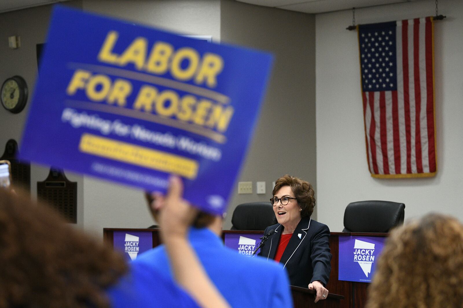 Sen. Jacky Rosen, D-Nev., delivers remarks after winning re-election Saturday, Nov. 9, 2024, in Las Vegas. (Sam Morris/Las Vegas Review-Journal via AP)