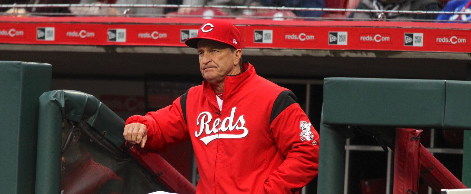 Reds interim manager Jim Riggleman watches the action during a game against the Braves on Monday, April 23, 2018, at Great American Ball Park in Cincinnati. David Jablonski/Staff