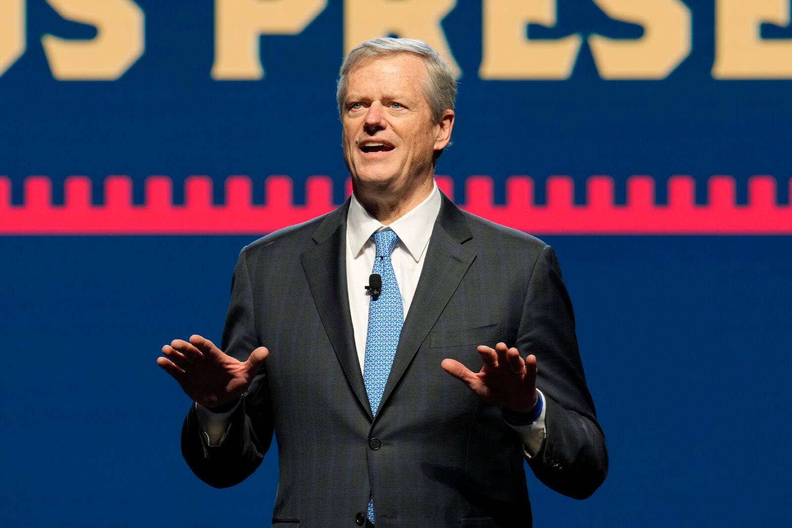 FILE - NCAA President Charlie Baker speaks at his first state of college sports address at the association's annual convention, Jan. 10, 2024, in Phoenix. (AP Photo/Ross D. Franklin, File)