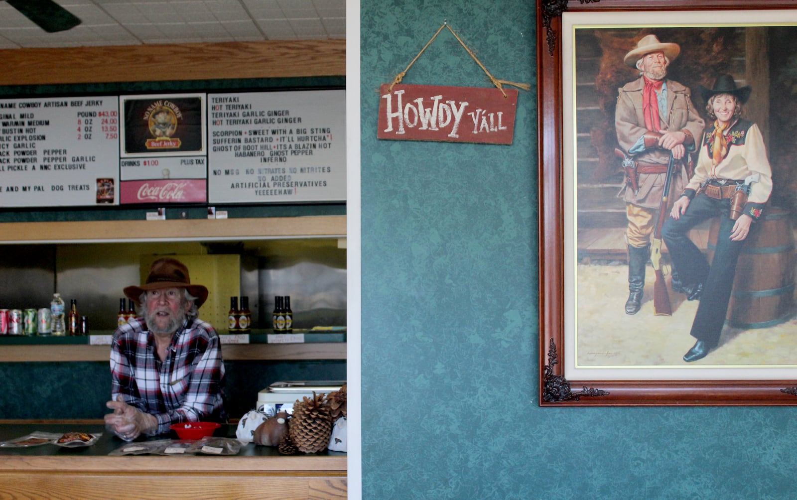 Dave "No Name Cowboy" Buehrle opened No Name Cowboy beef jerky store in 2011 with his late wife, Mary.  The Washington Twp. store is decorated in posters of cowboy movies, The Second Amendment and the Declaration of Independence.  A print hang on the wall of Dave and Mary in western wear.