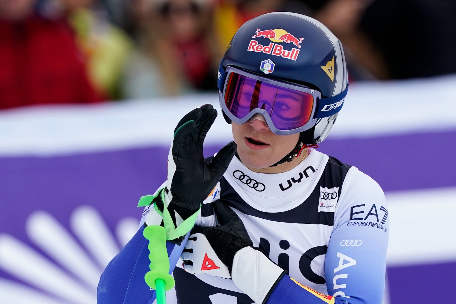 Italy's Sofia Goggia reacts after completing an alpine ski, women's World Cup downhill, in Garmisch, Germany, Saturday, Jan. 25, 2025. (AP Photo/Piermarco Tacca)