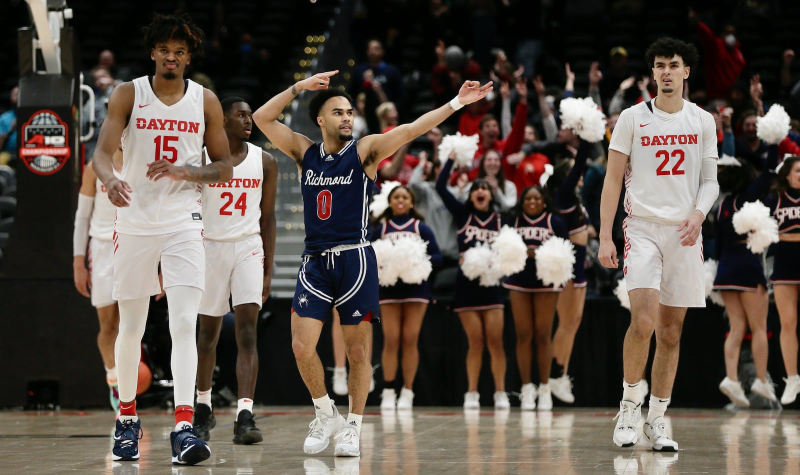 Richmond's Jacob Gilyard celebrates in the final minutes of a victory against Dayton in the semifinals of the Atlantic 10 Conference tournament on Saturday, March 12, 2022, at Capital One Arena in Washington, D.C. David Jablonski/Staff